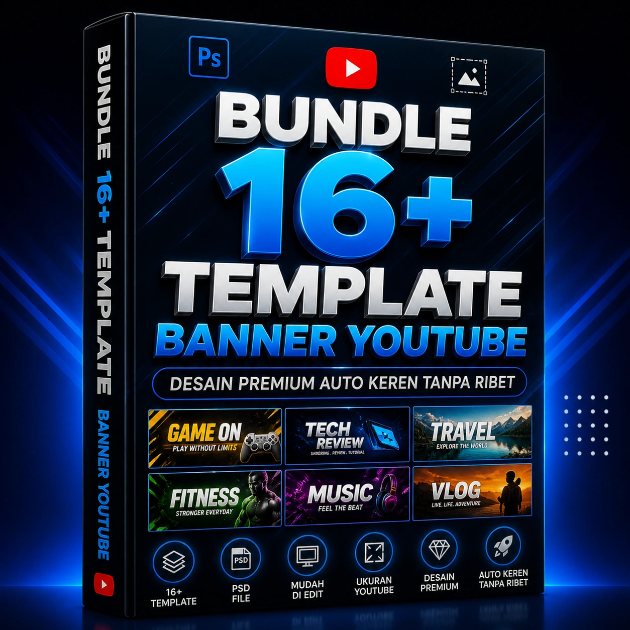 Bundle 16+ Template Banner YouTube PSD – Desain Premium Auto Keren Tanpa Ribet